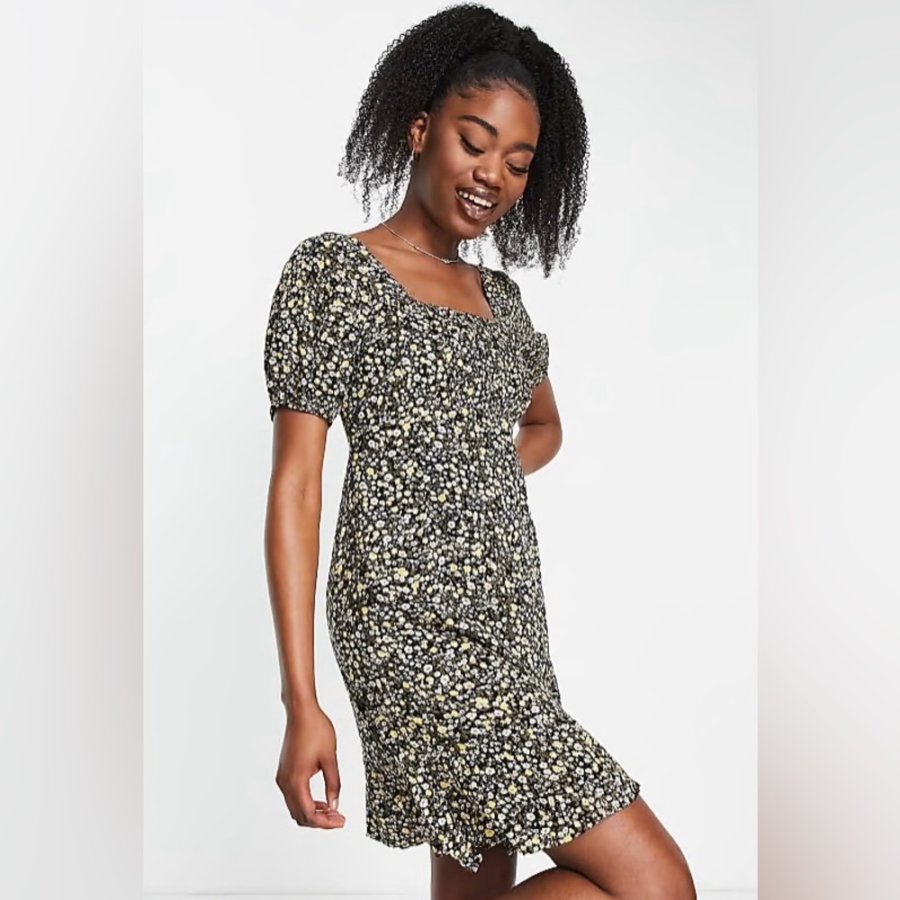 Pieces Womens tie back mini dress in black & yellow floral